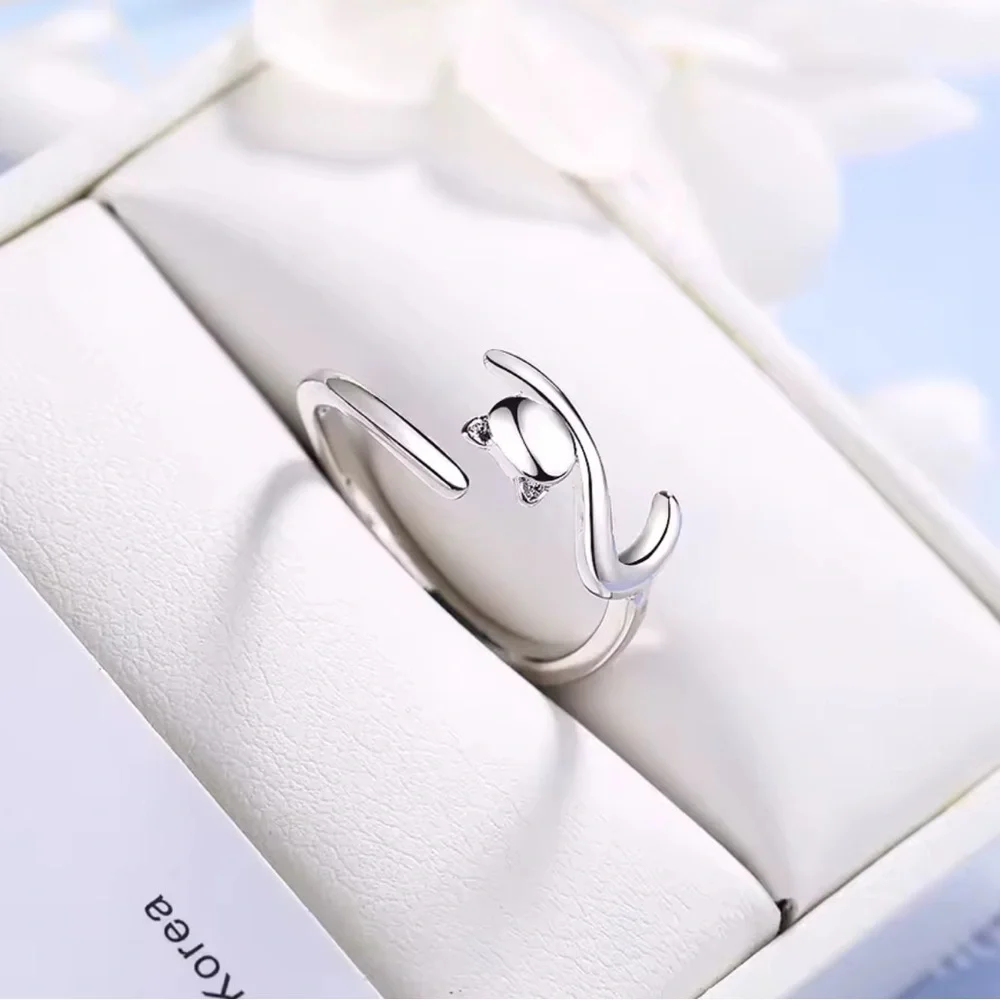 925 Sterling Silver Sticky Cat With Long Tail Finger Ring. Adjustable Ring